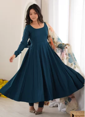 Silk Blend Anarkali Suit with Beads Work in Teal