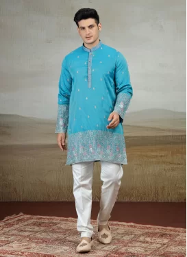 Art Silk Kurta Pajama in Light Blue and Off White with Embroidered Work for Ceremonial
