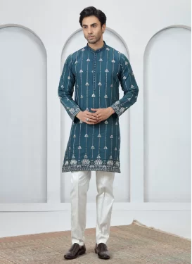 Off White and Teal Art Silk Kurta Pajama with Embroidered Work for Festival