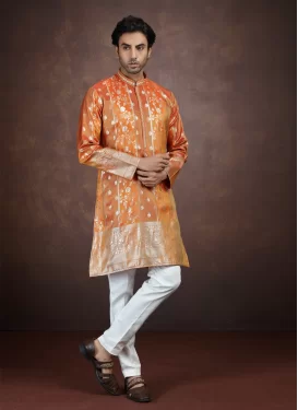 Woven Work Art Silk Kurta Pajama in Off White and Orange for Party