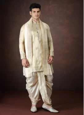Jacquard Silk Dhoti Kurta with Woven Work in Cream for Party