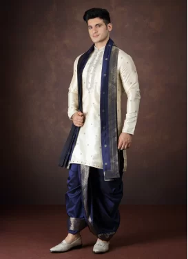 Jacquard Silk Dhoti Kurta with Woven Work in Navy Blue and Off White