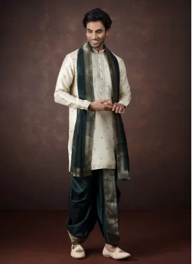 Jacquard Silk Dhoti Kurta in Bottle Green and Off White with Woven Work for Men