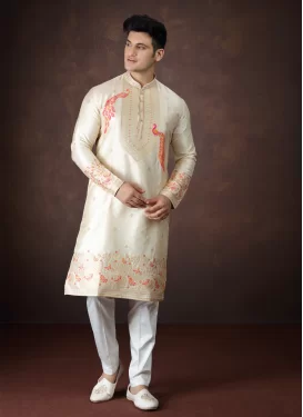 Cream and Off White Jacquard Silk Kurta Pajama with Woven Work for Festival