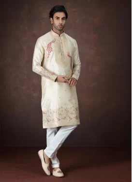 Jacquard Silk Kurta Pajama with Woven Work in Cream and Off White for Festival
