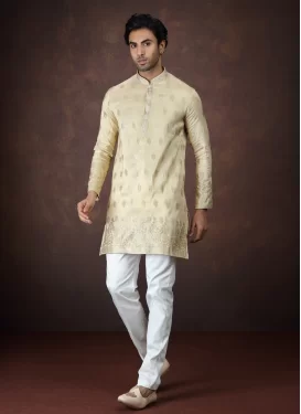Jacquard Silk Kurta Pajama with Woven Work in Cream and White