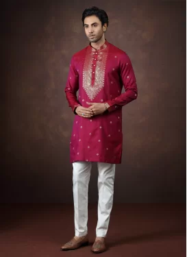 Woven Work Jacquard Silk Kurta Pajama in Rose Pink and White for Festival