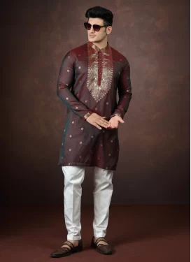 Jacquard Silk Kurta Pajama with Woven Work for Festival in Coffee Brown and White