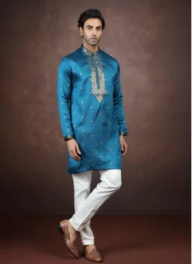 Blue and White Jacquard Silk Woven Work Kurta Pajama for Men