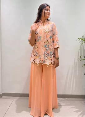 Georgette Palazzo Suit in Peach with Embroidered Work for Festival