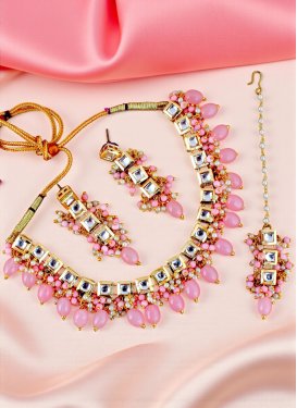 Pink and White Gold Rodium Polish Beads Work Necklace Set