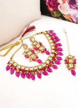 Gold Rodium Polish Rose Pink and White Beads Work Necklace Set