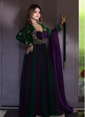 Fendi Silk Designer Gown with Embroidered Work for Festival in Green and Purple