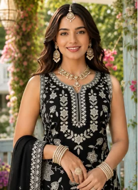 Chiffon Sharara Suit with Embroidered Work for Festival in Black
