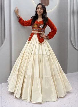 Cream and Red Cotton Embroidered Work Readymade Lehenga Choli for Women
