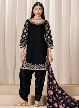 Black Silk Blend Embroidered Work Punjabi Salwar Suit for Women