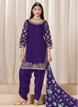 Silk Blend Punjabi Salwar Suit with Embroidered Work for Festival in Purple