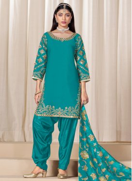 Silk Blend Embroidered Work Punjabi Salwar Suit in Aqua Blue
