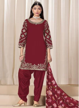 Silk Blend Punjabi Salwar Suit with Embroidered Work in Maroon for Ceremonial