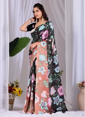 Satin Georgette Classic Saree with Digital Print Work in Black and Peach