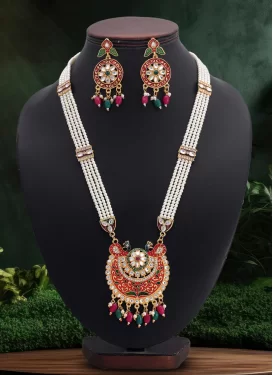 Gold Rodium Polish Green, Red and White Necklace Set For Festival