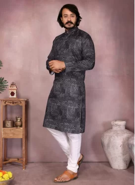 Cotton Kurta Pajama with Digital Print Work for Ceremonial in Black and White