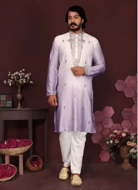 Lavender and White Cotton Silk Kurta Pajama with Embroidered Work for Festival