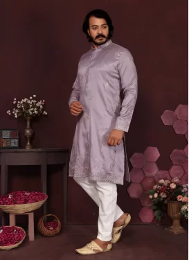 Cotton Silk Kurta Pajama in Lavender and White with Embroidered Work for Men