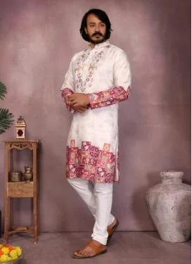 Digital Print Work Cotton Silk Kurta Pajama in Off White for Men