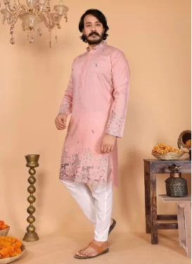 Cotton Silk Kurta Pajama in Off White and Salmon with Embroidered Work for Men