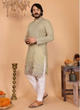 Cotton Silk Kurta Pajama with Embroidered Work in Beige and White