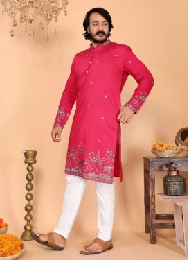 Cotton Silk Kurta Pajama in Rose Pink and White with Embroidered Work for Men