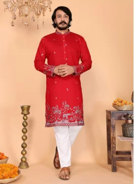 Cotton Silk Kurta Pajama with Embroidered Work for Men in Red and White