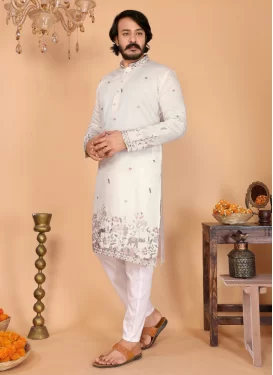 Cotton Silk Kurta Pajama with Embroidered Work in Off White