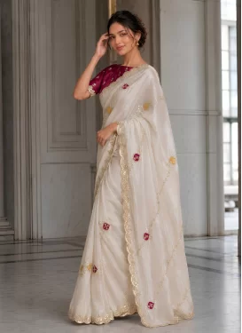 Fendi Silk Classic Saree with Embroidered Work in Off White
