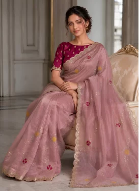 Fendi Silk Classic Saree in Mauve Pink with Embroidered Work for Women
