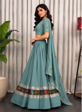 Vichitra Silk Readymade Lehenga Choli with Embroidered Work for Festival in Aqua Blue