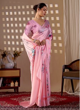 Satin Georgette Digital Print Work Classic Saree in Pink
