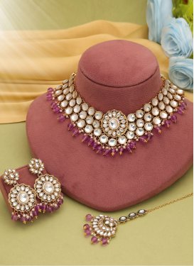 Violet and White Beads Work Necklace Set