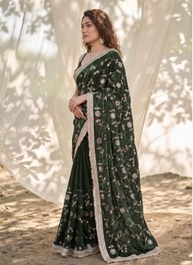 Embroidered Work Fendi Silk Classic Saree in Bottle Green for Women