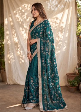 Fendi Silk Traditional Saree with Embroidered Work for Casual in Teal