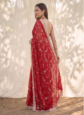 Fendi Silk Traditional Saree in Red with Embroidered Work for Women