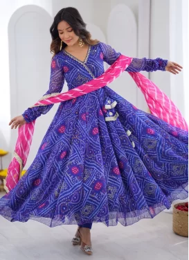 Georgette Anarkali Suit with Bandhani Print Work in Blue for Festival
