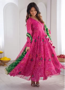 Rose Pink Georgette Anarkali Suit with Bandhani Print Work for Festival