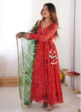 Bandhani Print Work Anarkali Suit For Festival in Red