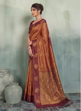 Silk Blend Traditional Saree with Woven Work for Festival in Maroon and Peach