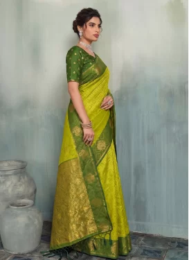 Silk Blend Traditional Saree in Aloe Veera Green and Olive with Woven Work for Festival