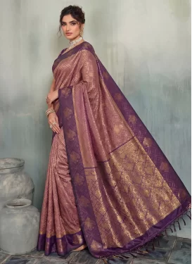 Silk Blend Traditional Saree with Woven Work for Women in Mauve Pink and Purple
