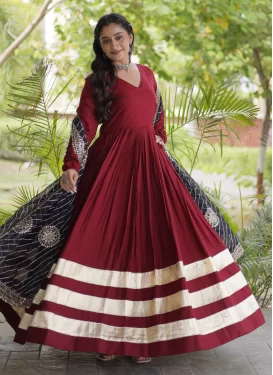 Rayon Trendy Gown with Embroidered Work in Red for Festival