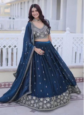 Cutdana Work Fendi Silk Trendy Lehenga Choli in Teal for Festival